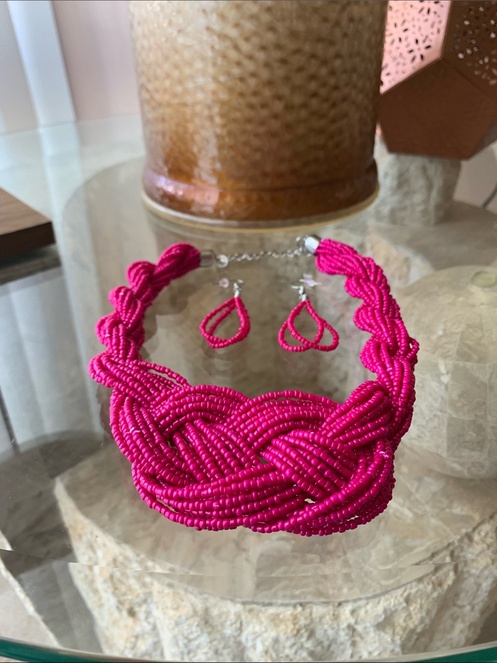 Fuchsia Beaded Braided Statement Necklace and Earnings